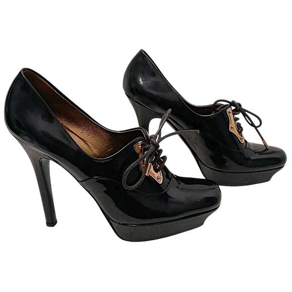 Gucci Oxford Platform Pumps 9.5B Black Patent Leather Gold-tone Hardware Laceup - Picture 1 of 16